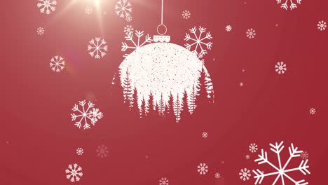 Animation-of-dangling-christmas-bauble-with-snow-falling
