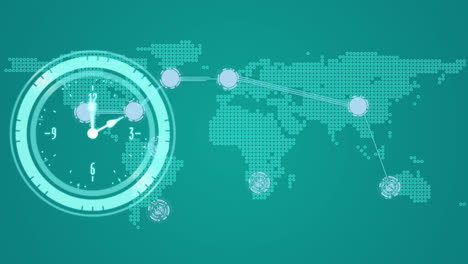 Animation-of-clock-with-networks-of-connections-over-world-map