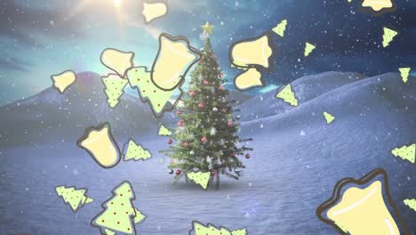 Animation-of-christmas-bells-falling-over-winter-landscape