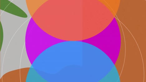 Animation-of-blue,-purple-and-orange-circles-on-organic-brown,-grey-and-green-background
