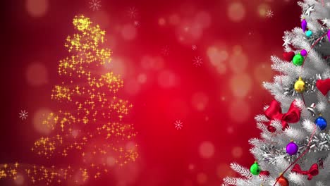 Animation-of-snow-falling-over-christmas-decorations-on-red-background