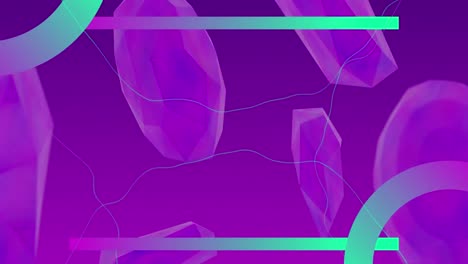 Animation-Von-Violetten-Und-Grünen-Linien-Und-Ringen-über-Violetten-Felsen,-Die-Auf-Violettem-Hintergrund-Schweben