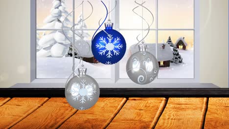 Animation-of-christmas-baubles-decoration-and-snow-falling-seen-through-window