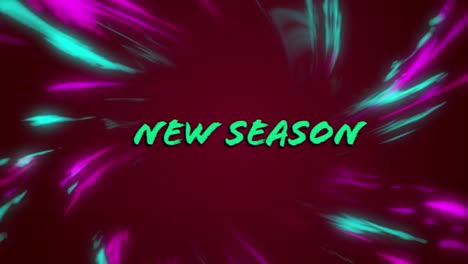 Animation-of-new-seasons-text-over-pink-and-blue-lights-on-dark-background