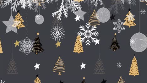 Animation-of-snowflakes-falling-over-christmas-trees