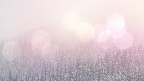Flecken-Von-Bokeh-Licht-Vor-Schnee,-Der-über-Die-Winterlandschaft-Fällt