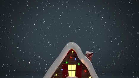 Snow-falling-over-house-icon-on-winter-landscape-against-blue-background