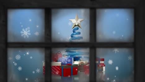Holzfensterrahmen-Vor-Schneeflocken,-Die-über-Den-Weihnachtsbaum-Fallen,-Und-Geschenke-Vor-Blauem-Hintergrund