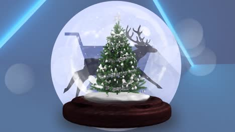 Shooting-stars-around-christmas-tree-in-a-snow-globe-against-reindeer-running-and-shopping-cart-icon