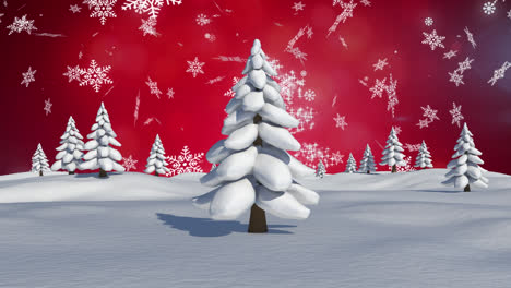 Schneeflocken-Fallen-über-Mehrere-Bäume-In-Der-Winterlandschaft-Vor-Rotem-Hintergrund