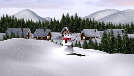 Snow-falling-over-snowwoman,-multiple-trees-and-houses-on-winter-landscape