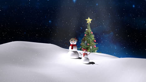 Snow-falling-over-christmas-tree,-snowwoman-and-baby-snowman-on-winter-landscape-against-night-sky