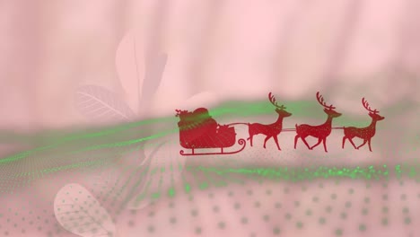 Animation-of-santa-claus-in-sleigh-with-reindeer-moving-over-moving-wave