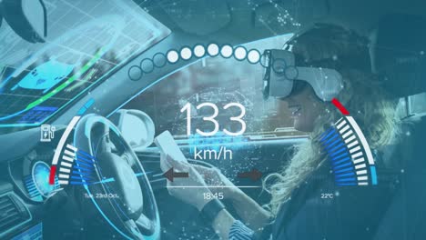 Animation-of-interface-with-charging-battery-icon-and-speedometer-over-woman-with-vr-headset