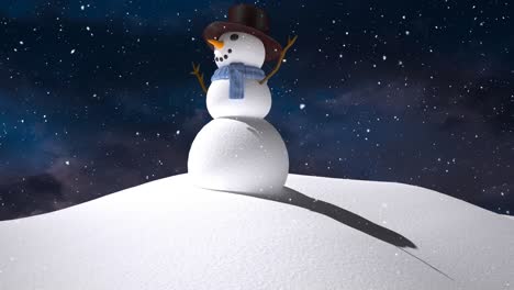 Snow-falling-over-snowman-on-winter-landscape-against-night-sky