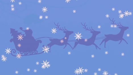 Snowflakes-floating-against-santa-claus-in-sleigh-being-pulled-by-reindeers-on-blue-background