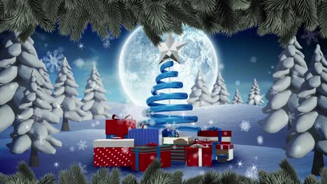 Snowflakes-falling-over-christmas-tree-and-gifts-on-winter-landscape-against-moon-in-the-night-sky