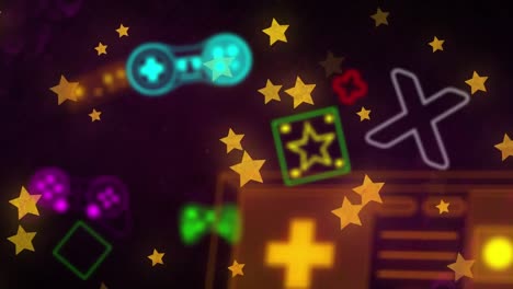 Animation-of-neon-video-game-digital-interface-flickering-over-stars