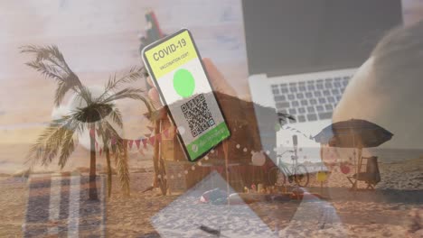 Digital-composition-of-woman-holding-a-smartphone-with-qr-code-on-screen-against-view-of-the-beach