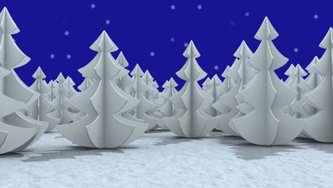 Symbole-Mit-Mehreren-Bäumen-Auf-Einer-Winterlandschaft-über-Schneeflocken,-Die-Vor-Blauem-Hintergrund-Fallen