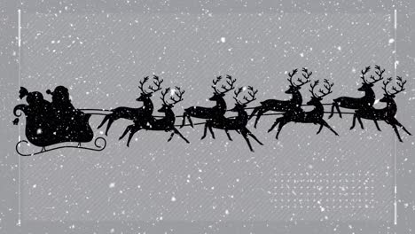 Animation-of-santa-claus-in-sleigh-with-reindeer-over-snow-falling-on-grey-background