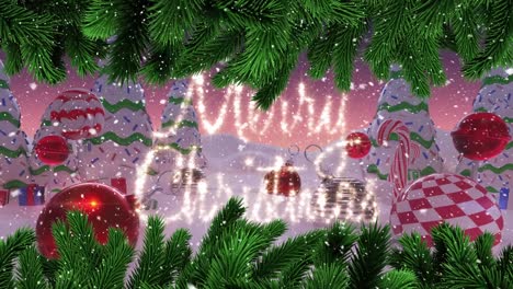 Animation-of-merry-christmas-text-over-winter-landscape-and-decorations