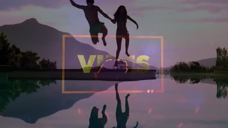 Animation-of-vibes-text-over-couple-jumping-into-water