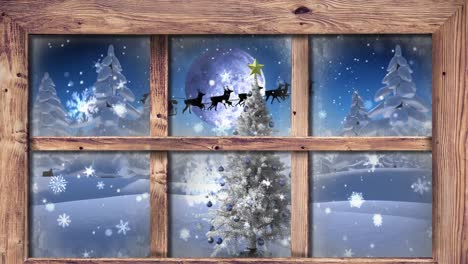 Wooden-window-frame-against-snowflakes-falling-over-white-christmas-tree-on-winter-landscape