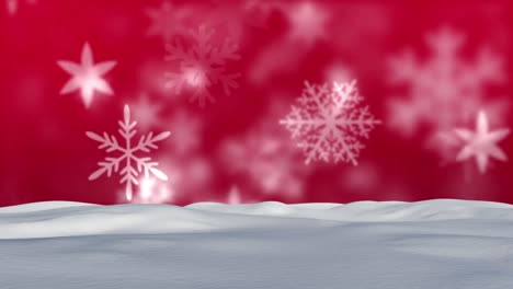 Digital-animation-of-winter-landscape-against-snowflakes-floating-on-red-background