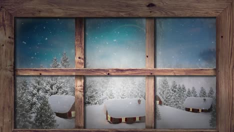 Holzfensterrahmen-Vor-Mehreren-Häusern-Und-Bäumen-Vor-Blauem-Himmel