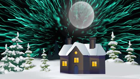 Animation-of-snow-falling-over-fir-trees-and-house-in-winter-scenery