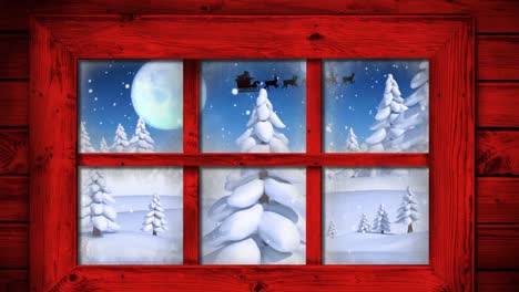 Red-wooden-window-frame-against-multiple-trees-on-winter-landscape-against-moon-in-the-night-sky