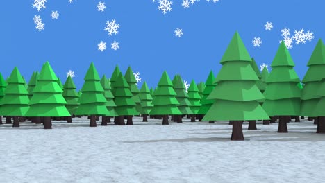 Schneeflocken-Fallen-über-Mehrere-Baumsymbole-In-Der-Winterlandschaft-Vor-Blauem-Hintergrund