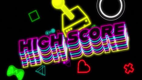 Animation-of-high-score-text-over-neon-video-game-digital-interface-flickering