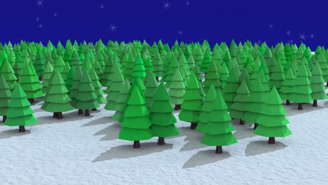 Symbole-Mit-Mehreren-Bäumen-Auf-Einer-Winterlandschaft-über-Schneeflocken,-Die-Vor-Blauem-Hintergrund-Fallen