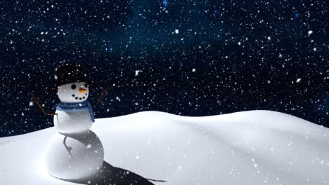 Snow-falling-over-snowman-on-winter-landscape-against-blue-shining-stars-in-night-sky