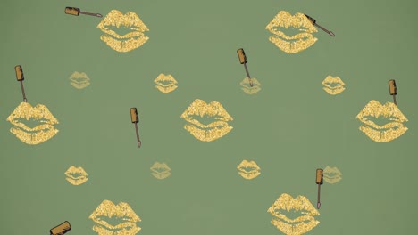 Animation-of-mascara-and-lips-icons-on-green-background