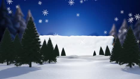 Animation-of-snow-falling-over-fir-trees-and-winter-scenery