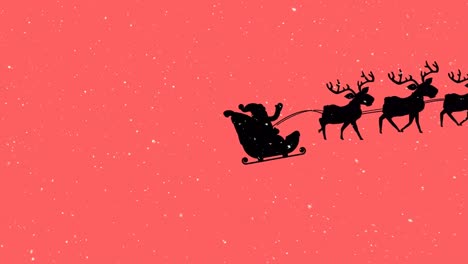 Animation-of-snow-falling-over-santas-sleigh-red-background