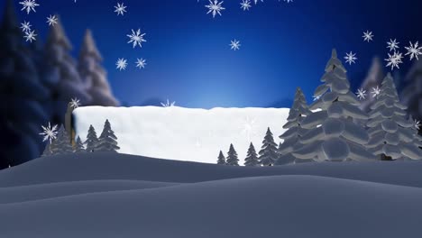 Schneeflocken-Fallen-über-Mehrere-Bäume-In-Der-Winterlandschaft-Vor-Blauem-Hintergrund