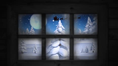 Window-frame-against-snow-falling-over-multiple-trees-on-winter-landscape-against-moon-in-night-sky