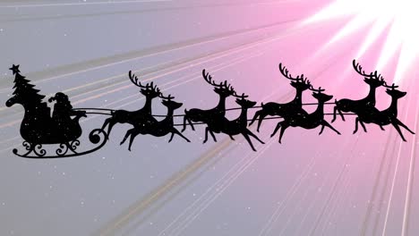 Schnee-Fällt-Auf-Den-Weihnachtsmann-Im-Schlitten,-Der-Von-Rentieren-Gegen-Violette-Lichtspuren-Gezogen-Wird