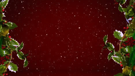 Animation-of-snow-falling-over-christmas-holy-on-red-background