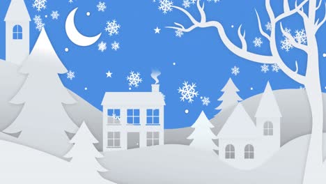 Schneeflocken-Fallen-über-Mehrere-Bäume-Und-Ein-Haus-In-Einer-Winterlandschaft-Auf-Blauem-Hintergrund