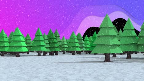 Schnee-Fällt-über-Mehrere-Baumsymbole-In-Der-Winterlandschaft-Vor-Violetter,-Flüssiger-Textform