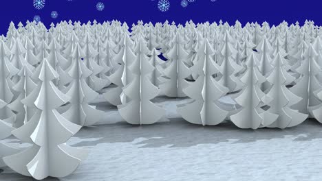 Symbole-Mit-Mehreren-Bäumen-Auf-Einer-Winterlandschaft-Vor-Schneeflocken-Symbolen,-Die-Vor-Blauem-Hintergrund-Fallen