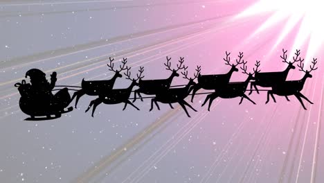 Schnee-Fällt-Auf-Den-Weihnachtsmann-Im-Schlitten,-Der-Von-Rentieren-Gezogen-Wird,-Und-Helle-Spuren-Auf-Rosa-Hintergrund