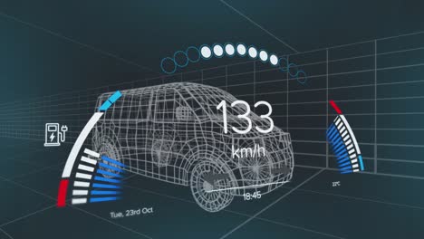 Animation-Der-Benutzeroberfläche-Mit-Ladebatteriesymbol-Und-Tachometer-über-Dem-Auto