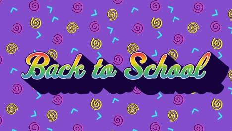 Animation-Von-Back-to-School-Texten-über-Bunten-Formen,-Die-Sich-Auf-Violettem-Hintergrund-Bewegen