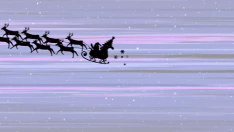 Snow-falling-on-santa-claus-in-sleigh-being-pulled-by-reindeers-against-purple-light-trails